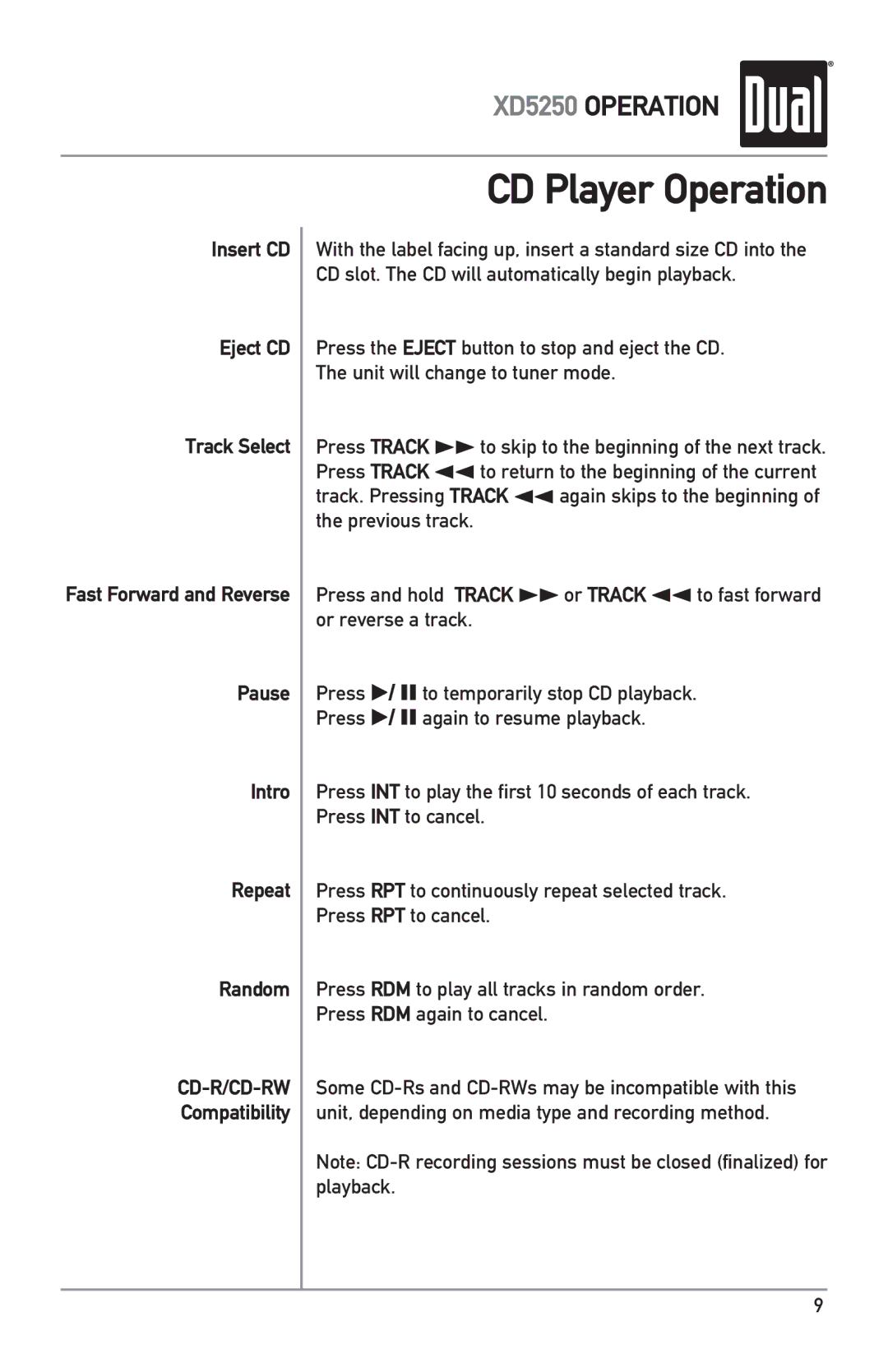 Dual XD5250 owner manual CD Player Operation, Compatibility 